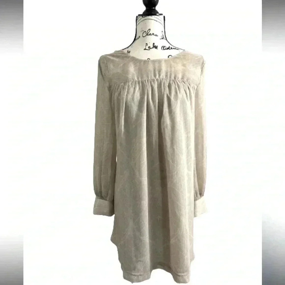 H&M DRESS SHIFT MIDI LONG SLEEVE SCOOP MECK TAN BONE CREAM SNAKE PRINT SIZE 10 - Picture 1 of 11